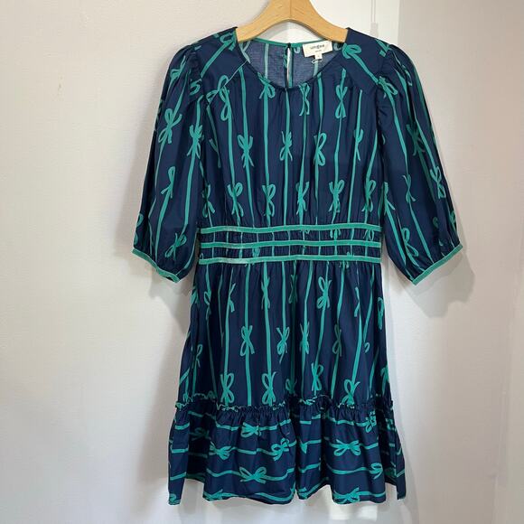 Umgee Ribbon Print Puff Sleeve Velvet Trim Boho Mini Dress Casual Holiday L - Picture 4 of 11